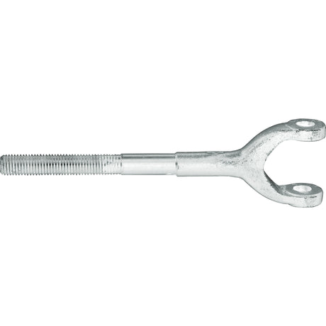 The "Levelling Box Yoke - 3/4 UNC | Sparex Part No.S.16020" by Sparex features a metal clevis rod with a threaded shaft on one end and a U-shaped yoke with two fork holes on the other end.