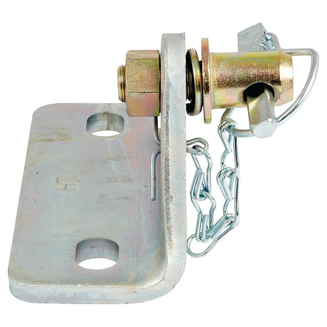 The Stabiliser Bracket LH (Sparex Part No. S.160) from Sparex is a metallic, hinged latch mechanism equipped with a chain, bolt, and spring clip, designed for securing gates or doors. It is often used alongside other stabiliser brackets to enhance stability in agricultural equipment from brands like Ford New Holland or Massey Ferguson.