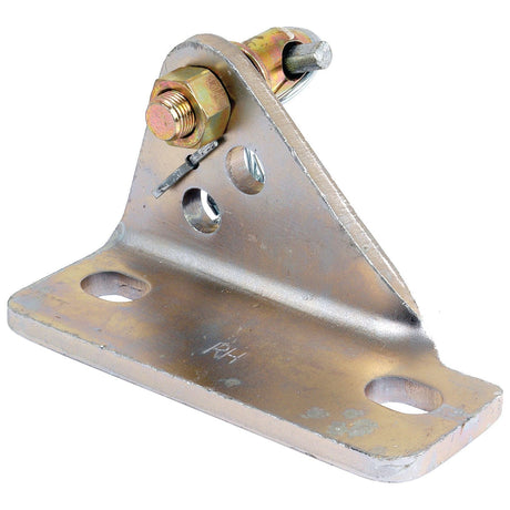 The Sparex Stabiliser Bracket RH (Sparex Part No. S.161) features a triangular metal structure with multiple drilled holes and comes with a bolt and nut assembly on top. Its base includes two large mounting holes, making it ideal for adjustments on Ford machinery.