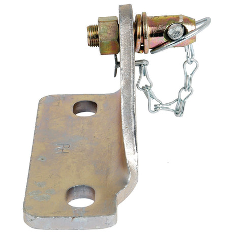 The Sparex Stabiliser Bracket RH (Sparex Part No. S.161) is a New Holland metallic machinery part that includes a rectangular base with two holes, a hinge mechanism, and a pin secured by a chain on top.