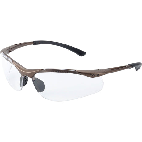 The Sparex Safety Glasses, model CONTOUR S.162016, feature a metallic brown frame, clear lenses, and black rubberized temple tips. These lightweight panoramic glasses offer exceptional clarity and protection while maintaining a stylish and comfortable design.