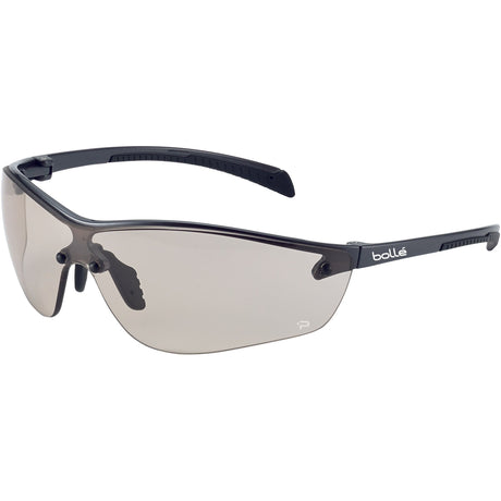 Introducing Sparex's Safety Glasses, SILIUM+ (Model: S.162020) with CSP tint lenses. These black sunglasses feature a wraparound frame design and adjustable nose pads. Ultra-lightweight and scratch-resistant, they provide a comfortable fit for all-day wear.