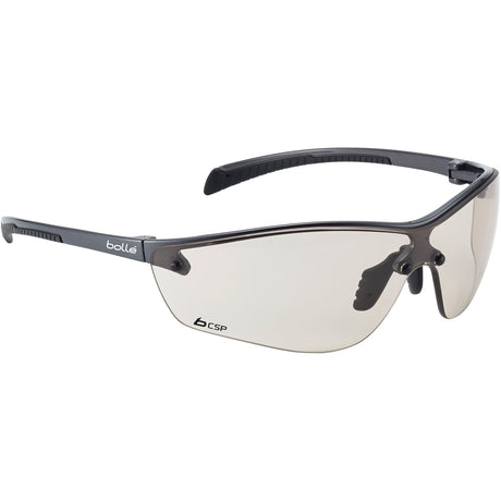 A pair of ultra-lightweight Sparex Safety Glasses, model SILIUM+ S.162020, featuring CSP lens colour and black frames. These comfortable glasses are scratch-resistant, ensuring durability and clear vision.