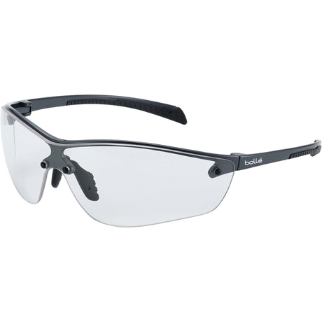 Sparex SILIUM+ S.162021 safety glasses with clear lenses and black frames feature adjustable nose pads and the brand name "Sparex" on the upper right frame. These ultra-lightweight polycarbonate glasses also boast a scratch-resistant coating for durability.