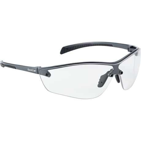 Safety glasses with clear lenses and black frames, featuring an adjustable nose piece and branded with the "Sparex" logo on the temple. These ultra lightweight polycarbonate lenses from the SILIUM+ S.162021 model are also equipped with a fog-resistant lens for added clarity.