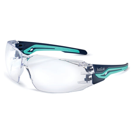 A pair of Sparex SILEX safety glasses (Product Code: S.162023) featuring clear lenses and turquoise and black adjustable temples, offering ultra-wraparound protection for panoramic vision.