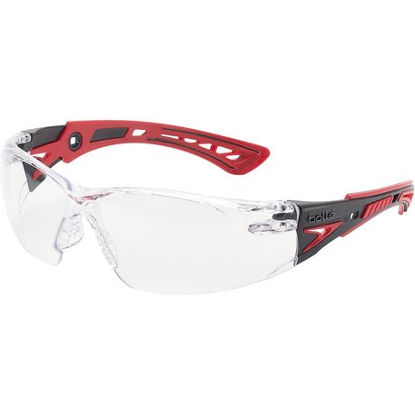 Sparex Safety Glasses (Lens Colour: Clear) - RUSH+ - S.162026 feature ultra-flexible, co-injected temples, red and black adjustable nose pads, and provide UV protection.