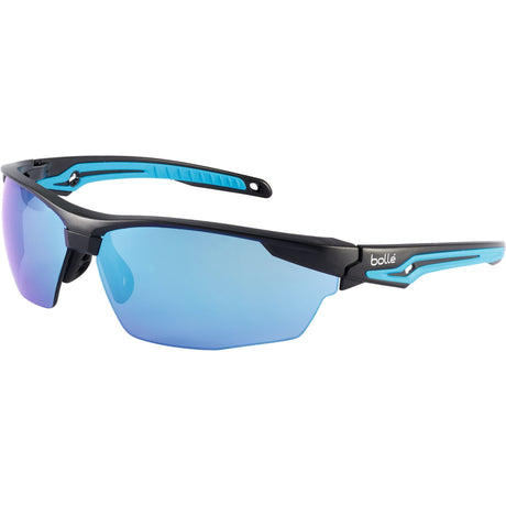 Sporty eyewear featuring a semi-rimless design, blue mirrored lenses with UV protection, and a sleek black and blue frame, all complete with the Sparex logo on the temple. Introducing the Safety Glasses - TRYON - S.162027.