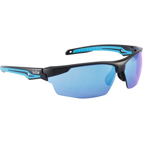 Sparex TRYON S.162027 Safety Glasses offer sporty eyewear with black and blue frames, reflective blue lenses, and an ergonomic design. They provide excellent UV protection to shield your eyes from harmful rays.