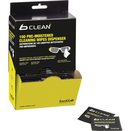 A box of Sparex Cleaning Wipe Dispenser - B CLEAN - S.162431 with some individual wipe packets visible. The yellow and black box indicates it contains 100 anti-bacterial wipes for cleaning safety lenses.