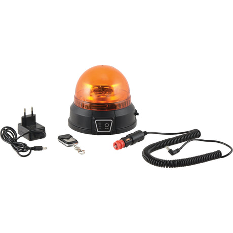 The LED Rechargeable Beacon (Amber) from Sparex, with Class 3 interference and magnetic mount, operates on 12-24V and includes an IP65 weather-resistant power switch. This beacon comes with a charger, remote control, car adapter, and coiled power cable.