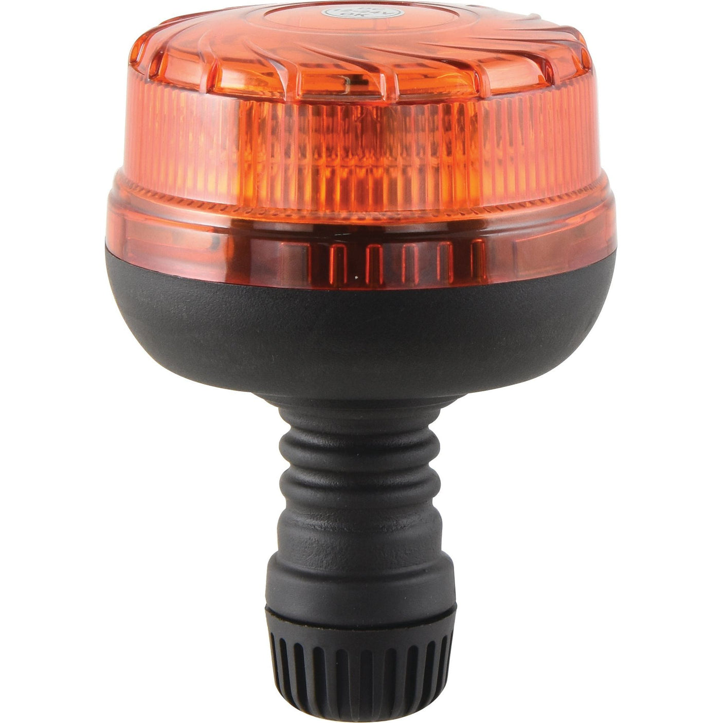 Introducing the Sparex LED Beacon (Amber), featuring a durable orange and black strobe light with a grooved black handle. The powerful LED lumens ensure bright visibility, shining through its dome-shaped, ridged surface. Designed for durability in harsh conditions, this beacon also boasts an IP65 rating and operates on 12-24V with Class 5 interference protection and a flexible pin for versatile use.