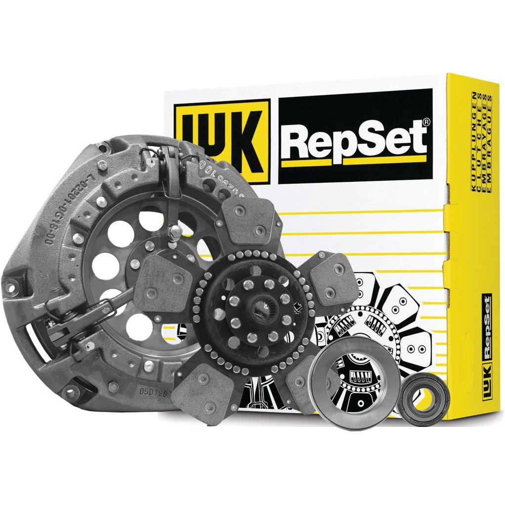 Image of a Sparex Clutch Kit with Bearings - S.162664, featuring a pressure plate, clutch disc, release bearing, and pilot bearing with the product packaging in the background. Note the detailed specifications regarding cover size clearly marked on the box.