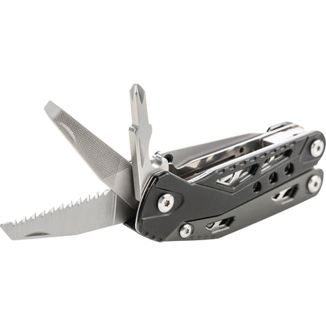 The True Utility HANDYMAN - S.162680 by Sparex is a multi-tool with an ergonomic skeleton-style frame that includes a variety of open tools such as a saw blade, file, and screwdriver. The black handle houses multiple small components and features a one-handed opening blade for easy access.