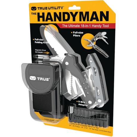 Packaging for the "True Utility HANDYMAN - S.162680" by Sparex, showcasing an ergonomic skeleton-style frame and 18 tools including pliers, a one-handed opening blade, and a magnetic driver set with 9 bits. Includes a sheath for easy carrying.