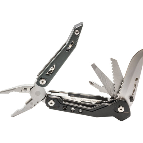 The True Utility HANDYMAN - S.162680 by Sparex is a multi-tool featuring an ergonomic skeleton-style frame and multiple attachments, such as pliers, a knife, a file, and a saw blade in the open position.