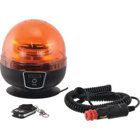 The Sparex LED Rechargeable Beacon (Amber), Interference Class 3, Magnetic, 12-24V - S.162709 comes with a black base, an IP65-rated coiled power cord, and a remote control.