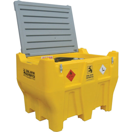 The Carrytank Pickup – 440L by Sparex is a bright yellow industrial storage container equipped with an open gray lid that reveals its internal components. It prominently displays hazard symbols on the front indicating flammable and potential skin irritation risks, and includes a highly efficient 12V DC Electric Pump for fluid transfer.