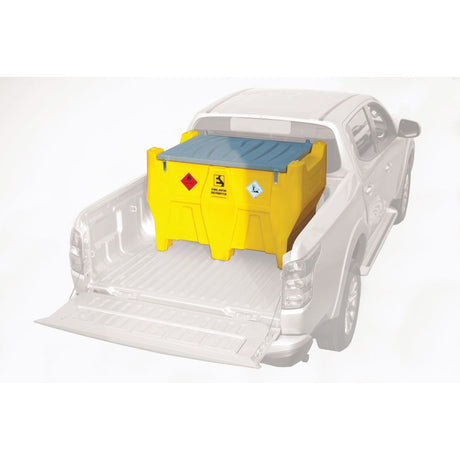 A Carrytank Pickup - 440L - Diesel - 12V (DC) - S.163021 by Sparex, featuring a yellow storage tank with hazard labels and a blue lid, is placed in the bed of a white pickup truck for efficient liquid transfer.