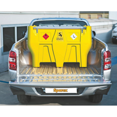 A yellow Sparex Carrytank Pickup - 440L - Diesel - 12V (DC) (S.163021) with hazard symbols and an electric pump is secured in the bed of a silver pickup truck.