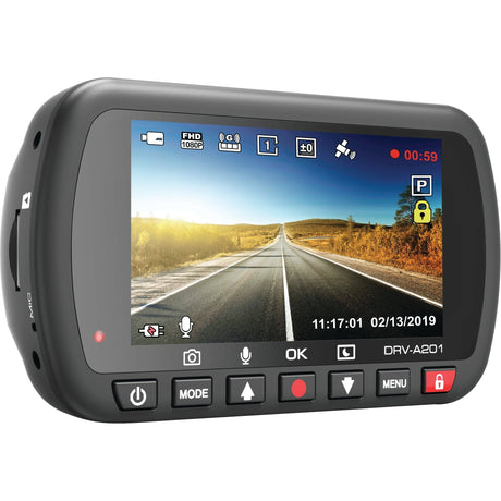 A full HD recording from the Sparex NLA Full HD (1920 x 1080) 2.7'' Dash Camera - S.163023 shows a clear roadway stretching into the distance, with a timestamp at the bottom right corner. Various buttons and icons are visible on the screen, enhanced by a built-in GPS feature for accurate tracking.