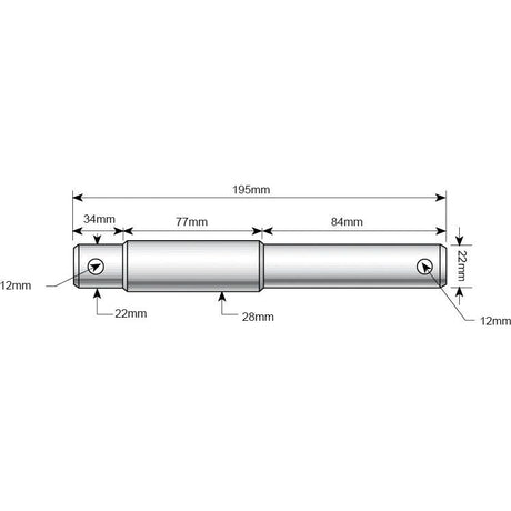 Technical drawing of the Sparex Lower link pin - Dual category 22 - 28 - 22mm Cat.1/2 (Sparex Part No.S.16338). The cylindrical metal rod has a length of 195mm and sections measuring 34mm, 77mm, and 84mm. Diameter varies: 12mm at the ends, with the middle sections having diameters of 22mm and 28mm. Designed for precise fitting in a accessory compatible with a hole size of 12 mm diameter.
