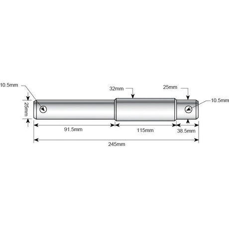 A technical diagram of a Top link pin - Dual category 19 - 25mm Cat.1/2 (Sparex Part No. S.16339) metal hinge with dimensions labeled: 245mm overall length, dual category pin holes with 10.5mm diameter, and sectional lengths of 91.5mm, 32mm, 25mm, and 38.5mm from Sparex.