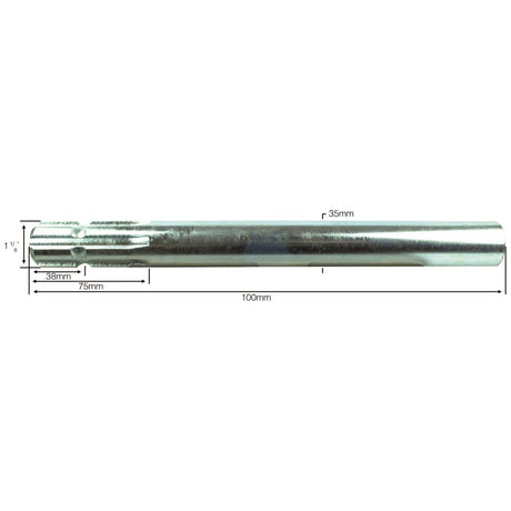 A Sparex PTO splined shaft (Part No. S.16383) features precise measurements, including a 35mm diameter and a 100mm length. This shaft is marked with additional measurements of 38mm and 19mm at both ends along with a standard fitting of 1-3/8'' - 6 spline, making it ideal for various applications.