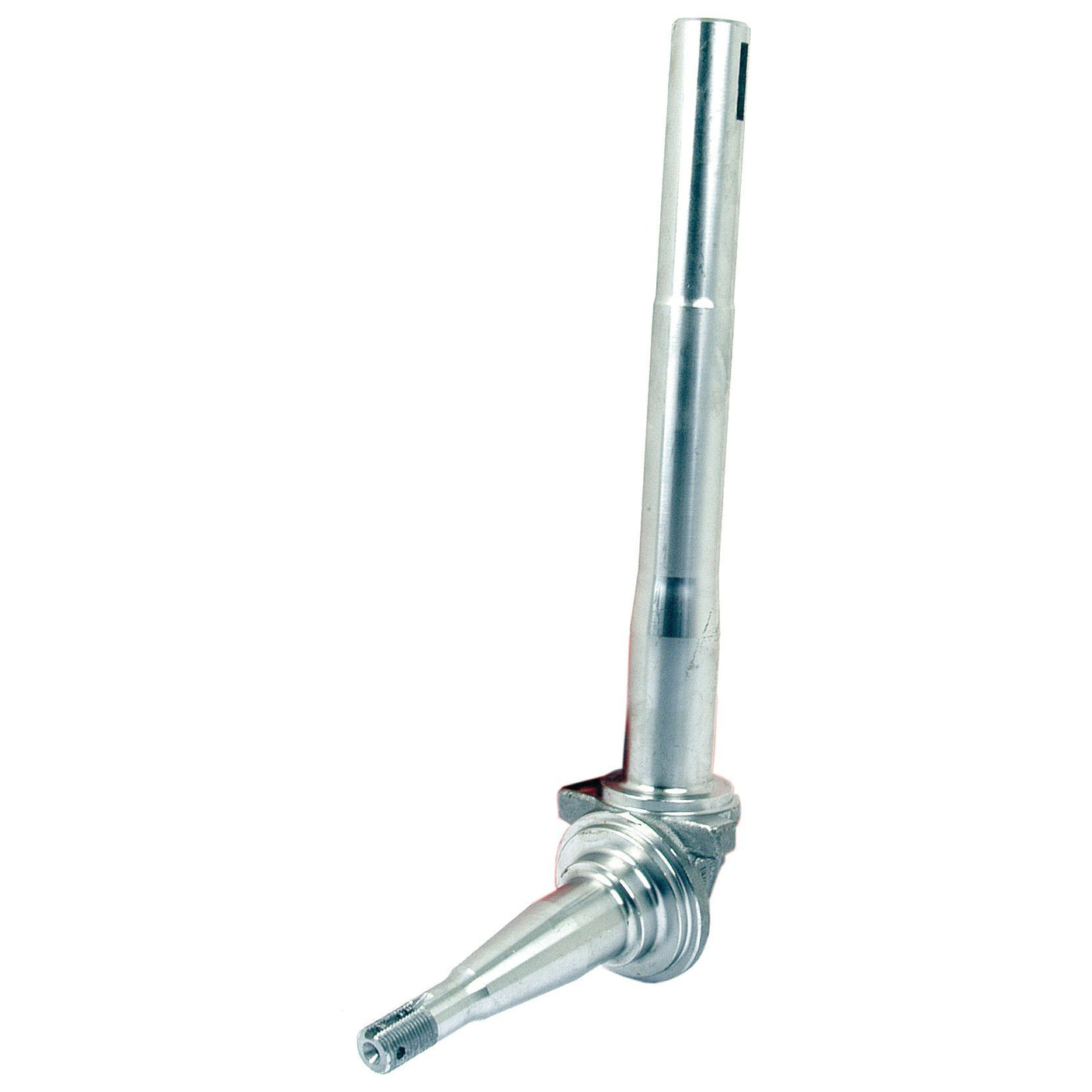 The Spindle LH (Sparex Part No.S.16474) by Sparex is a metallic spindle assembly component featuring a cylindrical body, an angled arm, and a threaded end for mechanical joining, compatible with Ford New Holland's wheel hub systems.