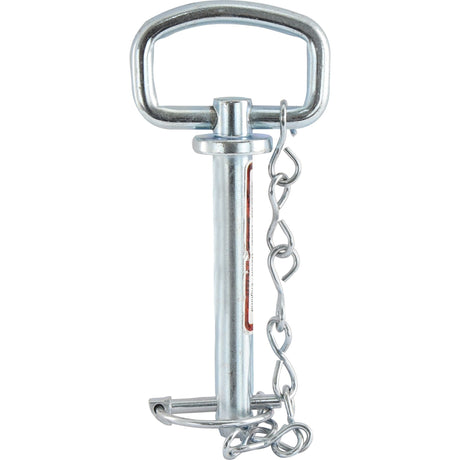 A Sparex Hitch Pin with Chain & Linch Pin (Sparex Part No.S.16738), featuring a metal construction, handle, attached security chain, and an overall length of 138mm.