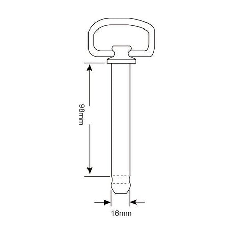 A technical drawing of a rod with dimensions: The rod, identified as Hitch Pin with Chain & Linch Pin 16x98mm (Sparex Part No. S.16738), has a working length of 98 mm and features a D-shaped handle at the top. The overall length of the rod is 138 mm.