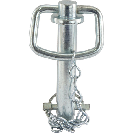 A metal hitch pin featuring a rectangular handle and an overall length of 146mm, with a chain attached, labeled as the Hitch Pin with Chain & Linch Pin 22x98mm from Sparex (Sparex Part No. S.16739), is depicted.