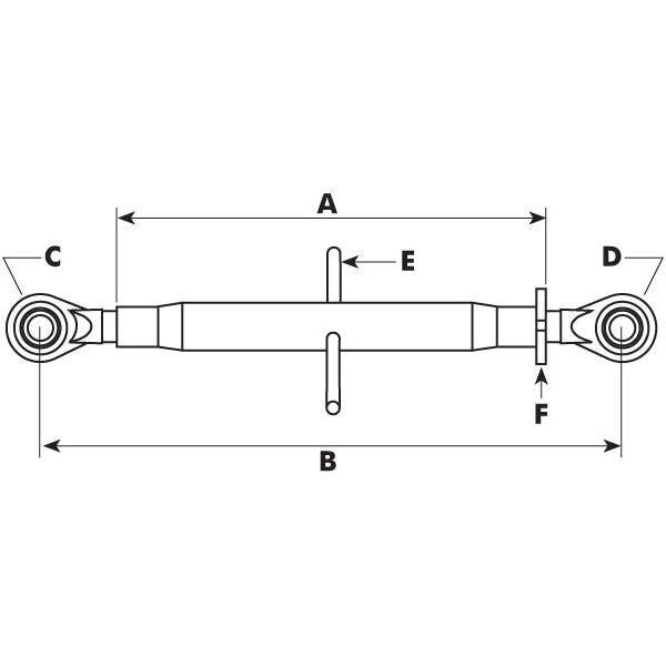 This technical drawing of a Top Link Heavy Duty (Cat.2/2) Ball and Ball, M36 x 3.00, Min. Length: 555mm, designed for FARMALL Quantum Tractors, features length dimensions labeled A, B, C, D, E, and F. Annotations indicate pivot points at both ends. Ideal for those seeking reliable tractor replacement parts from Sparex – S.16838.
