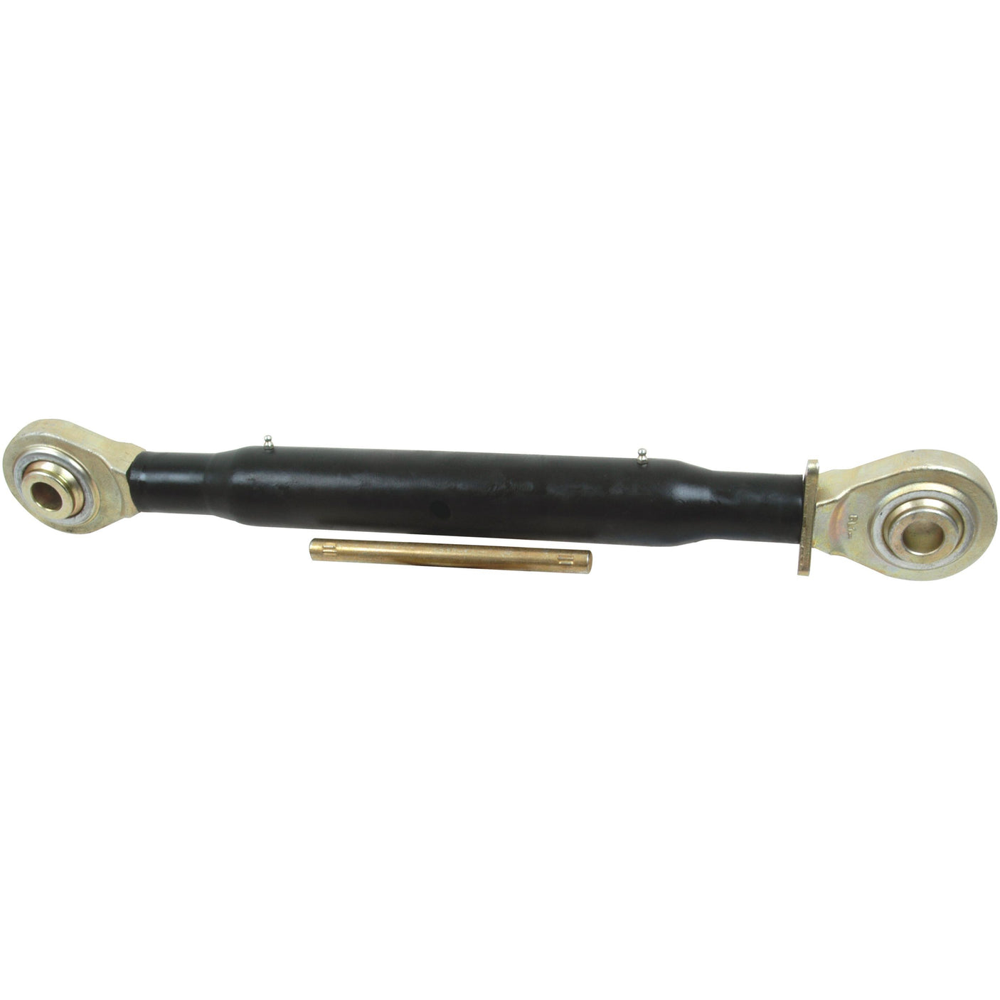 The Sparex Top Link Heavy Duty (Cat.3/3) Ball and Ball, M36 x 3.00, Min. Length: 670mm - S.16843 is a black and metallic automotive control arm equipped with two spherical bearings and an additional rod beneath, engineered for robust performance.