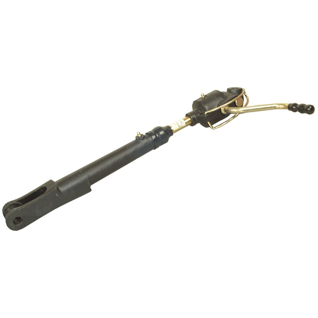 The Levelling Box Assembly by Sparex, featuring a knuckle with a diameter of 16.5mm, a fork hole with a diameter of 16mm, and a minimum length of 510mm, is a mechanical lever in black and brass color with two attachment points and end fittings.