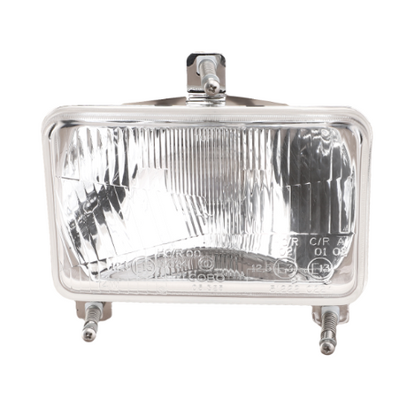 Rectangular headlight assembly with clear lens and metal mounting brackets, designed for Massey Ferguson 200 Series, by AGCO. Product Name: Massey Ferguson - Headlight - 1693943M93.