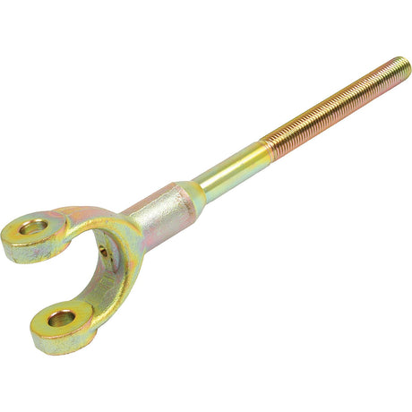 The Levelling Box Yoke - 3/4 UNC by Sparex (Sparex Part No. S.17011) is an adjustable clevis with a threaded rod extension, featuring a two-pronged fork end with holes for attachment, suitable for Ford vehicles.