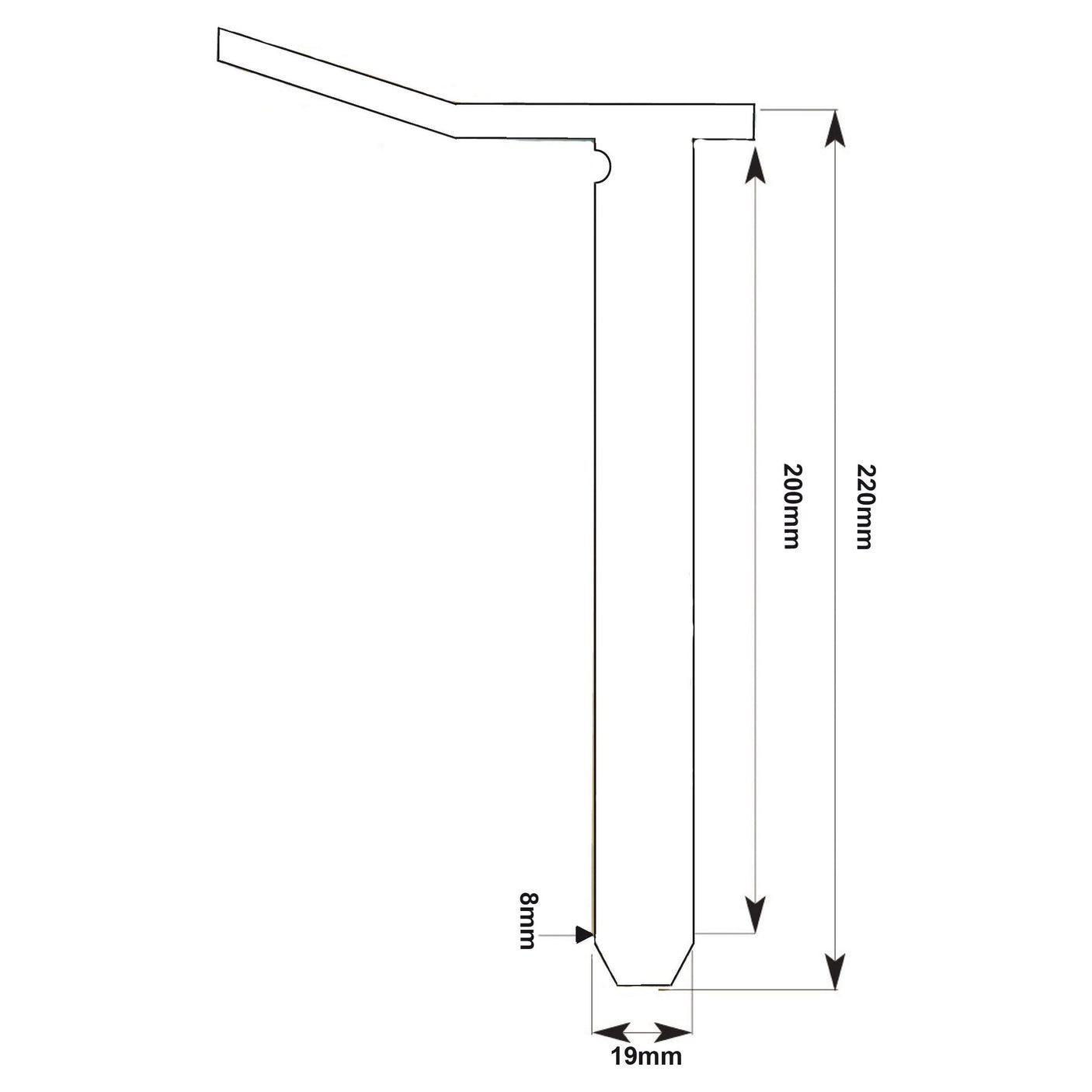 Line drawing of an object with dimensions. Vertical length: 200mm, overall height: 220mm, width at base: 19mm, and width at the narrowest part: 8mm. Arrows indicate measurements. For detailed product specifications on the Swinging Drawbar Hinge Pin 19x200mm (Sparex Part No.S.1712), visit Sparex or Massey Ferguson.