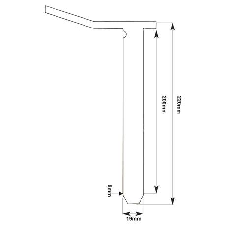 Line drawing of an object with dimensions. Vertical length: 200mm, overall height: 220mm, width at base: 19mm, and width at the narrowest part: 8mm. Arrows indicate measurements. For detailed product specifications on the Swinging Drawbar Hinge Pin 19x200mm (Sparex Part No.S.1712), visit Sparex or Massey Ferguson.