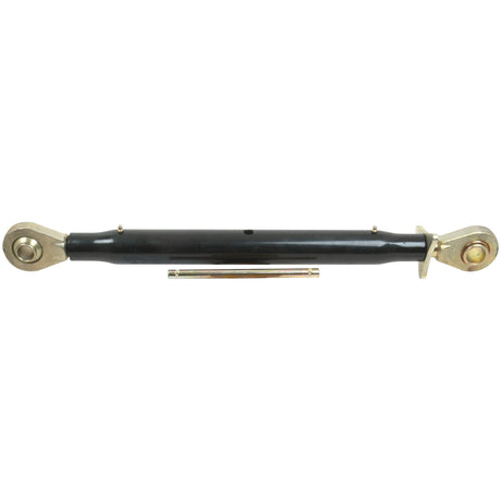 A Sparex Top Link Heavy Duty (Cat.22mm/2) Ball and Ball, 1 1/4'', Min. Length: 510mm - S.17189, an adjustable black hydraulic rod with metal ends and a tractor end ball, used in agricultural machinery, displayed on a white background.