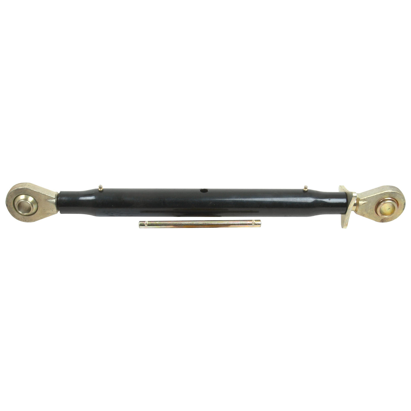 Image of the Sparex Top Link Heavy Duty (Cat.22mm/2) Ball and Ball hydraulic cylinder in black, measuring 1 1/4'' with a minimum length of 615mm - S.17190, featuring fitting attachments on both ends next to a metal rod. Designed for use in mechanical equipment, this cylinder includes grease nipples for easy maintenance.