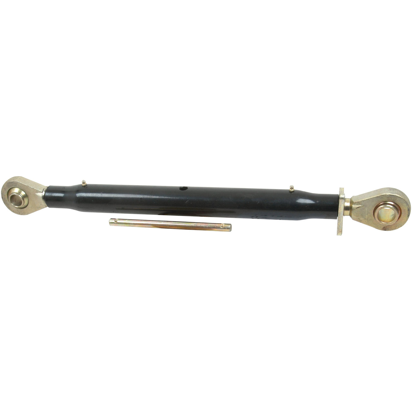 A Sparex Top Link Heavy Duty (Cat.22mm/2) Ball and Ball, featuring an adjustable length starting from 615mm with metallic ends in black, designed for heavy-duty use, accompanied by a separate metal pin beneath it.