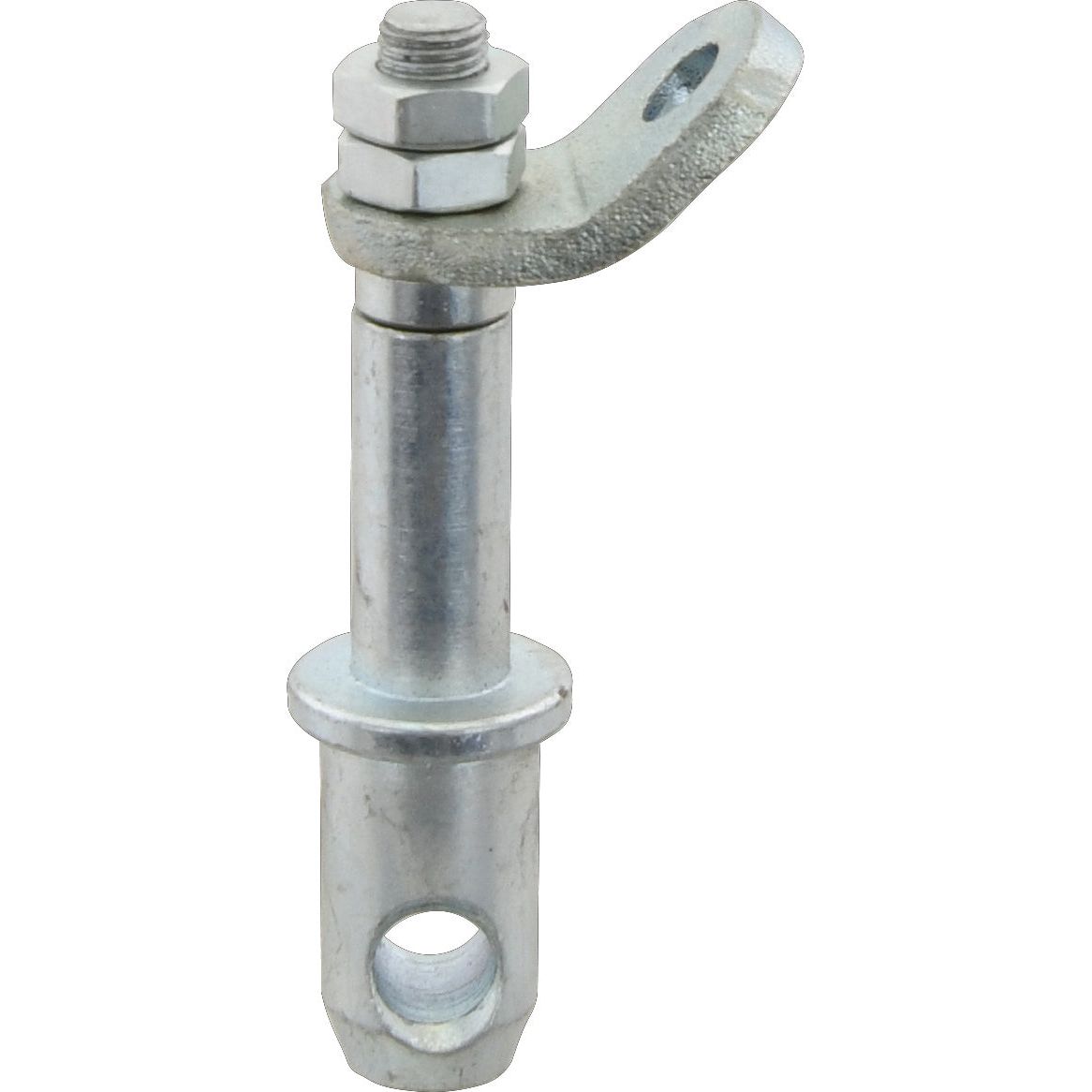 A Stabiliser Pin 22x110mm by Sparex, featuring a threaded top with a 7/16'' x 25.4mm UNF thread size, secured by a nut, and equipped with a flat, curved attachment on the side. (Sparex Part No.S.171)