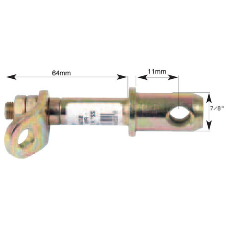 The Sparex Stabiliser Pin 22x110mm, featuring a 7/16''x25.4mm thread size and labeled dimensions including a length of 64mm, an 11mm diameter pin Ø 22mm, and a height of 7/8", is suitable for Massey Ferguson 135. Available as Sparex Part No.S.171.