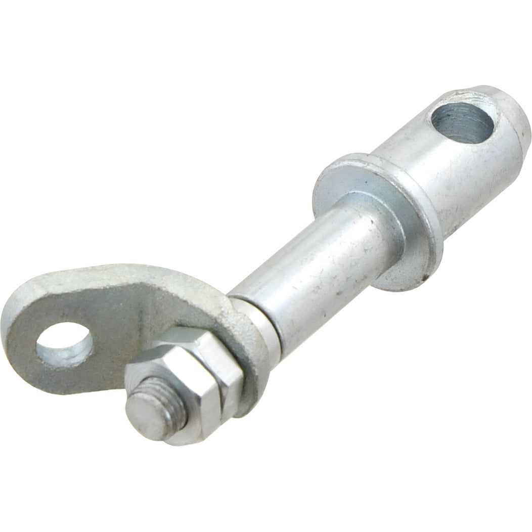 Introducing the Stabiliser Pin from Sparex, designed specifically for Massey Ferguson 135 tractors. This robust metal clevis pin features a cylindrical body with a hole through the top and comes equipped with a hex nut and washer attached at the base. It boasts a Ø 22mm diameter and has a thread size of 7/16'' UNF for secure fastening, measuring 110mm in length. (Sparex Part No.S.171)