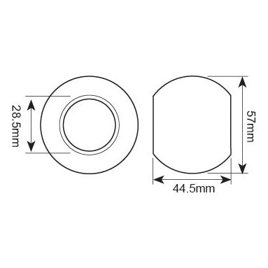 Technical diagram displaying the dimensions of the "Lower Link Ball (Cat. 2/2) - S.1729" by Sparex. The front view showcases a circular shape with a diameter of 28.5mm, approximately equal to 1/8 inch, while the side view features a different shape with measurements of 44.5mm in width and 57mm in height.