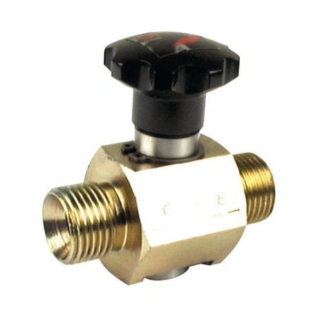 The Sparex Spenco 2-Way Shut Off Ball Valve 1/2'' BSP (Part No.S.17307) features a black plastic handle and threaded male connections on both ends, offering an efficient water control flow rate of 45 L/min.