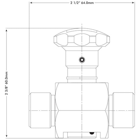 Technical diagram of a Sparex Spenco 2-Way Shut Off Ball Valve 1/2'' BSP (Sparex Part No. S.17307) showing dimensions of 2.5 inches (64.0mm) width and 2.36 inches (60.0mm) height, with a flow rate of 45 L/min.
