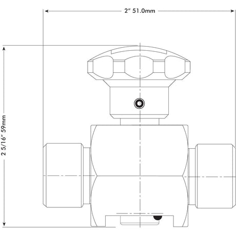 Technical drawing of a Sparex Spenco 2-Way Shut Off Ball Valve 3/8'' BSP (30 L/min Flow Rate) with dimensions labeled. The top measurement shows 2 inches (51.0mm) width, and the side measurement shows 2 5/16 inches (59mm) height.