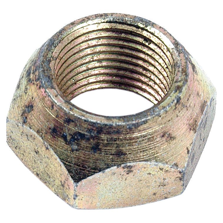 Close-up of a hexagonal metal nut with internal threading and a slightly aged surface showing some rust and wear, reminiscent of the rugged reliability found in Massey Ferguson machinery, specifically identified as the Auto Hitch Lift Rod Nut | Sparex Part No. S.17348 from Sparex.